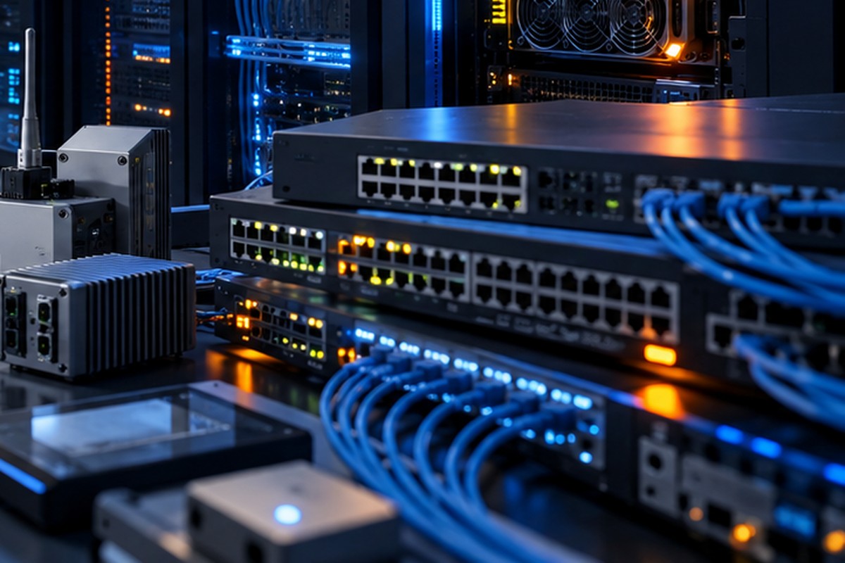 Network switch, firewall, router and optical module illustration